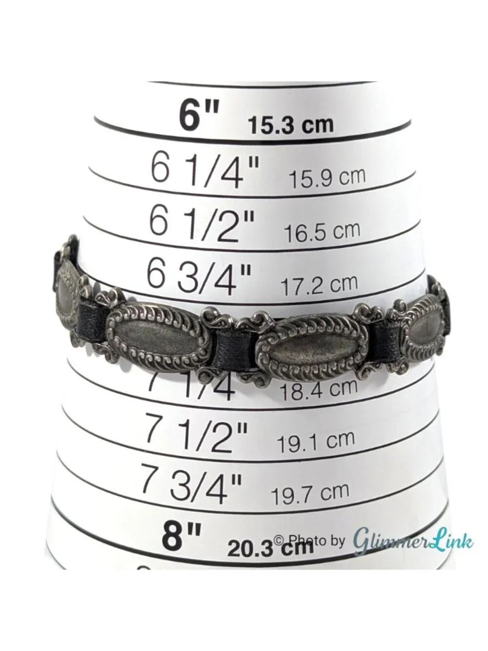 Vintage Western Concho Link Bracelet Black Leather Silver Tone 7 Inch